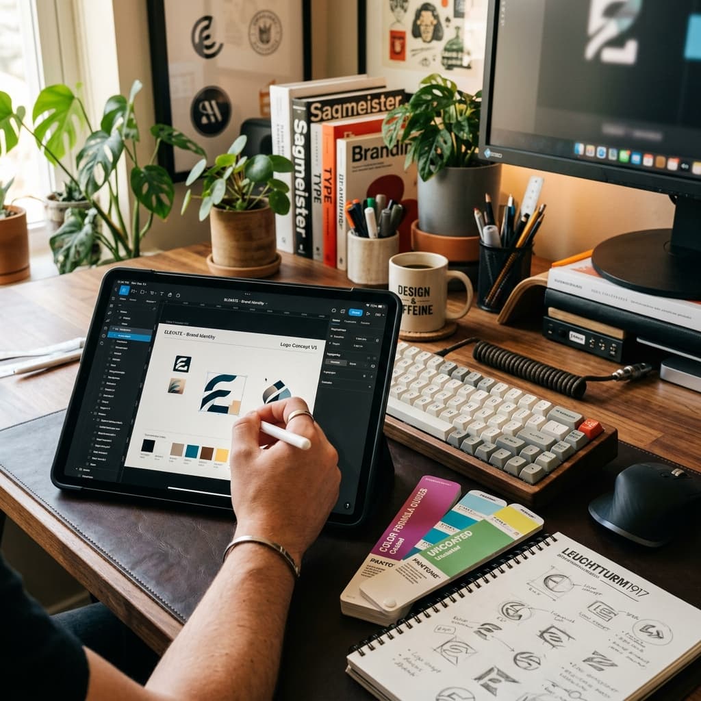 Logo concepts and Pantone swatches on a design tablet