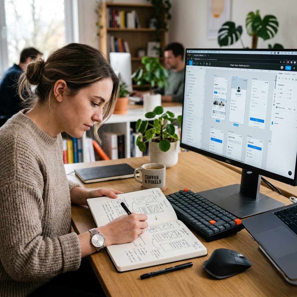 Designer sketching UI/UX wireframes at a desk