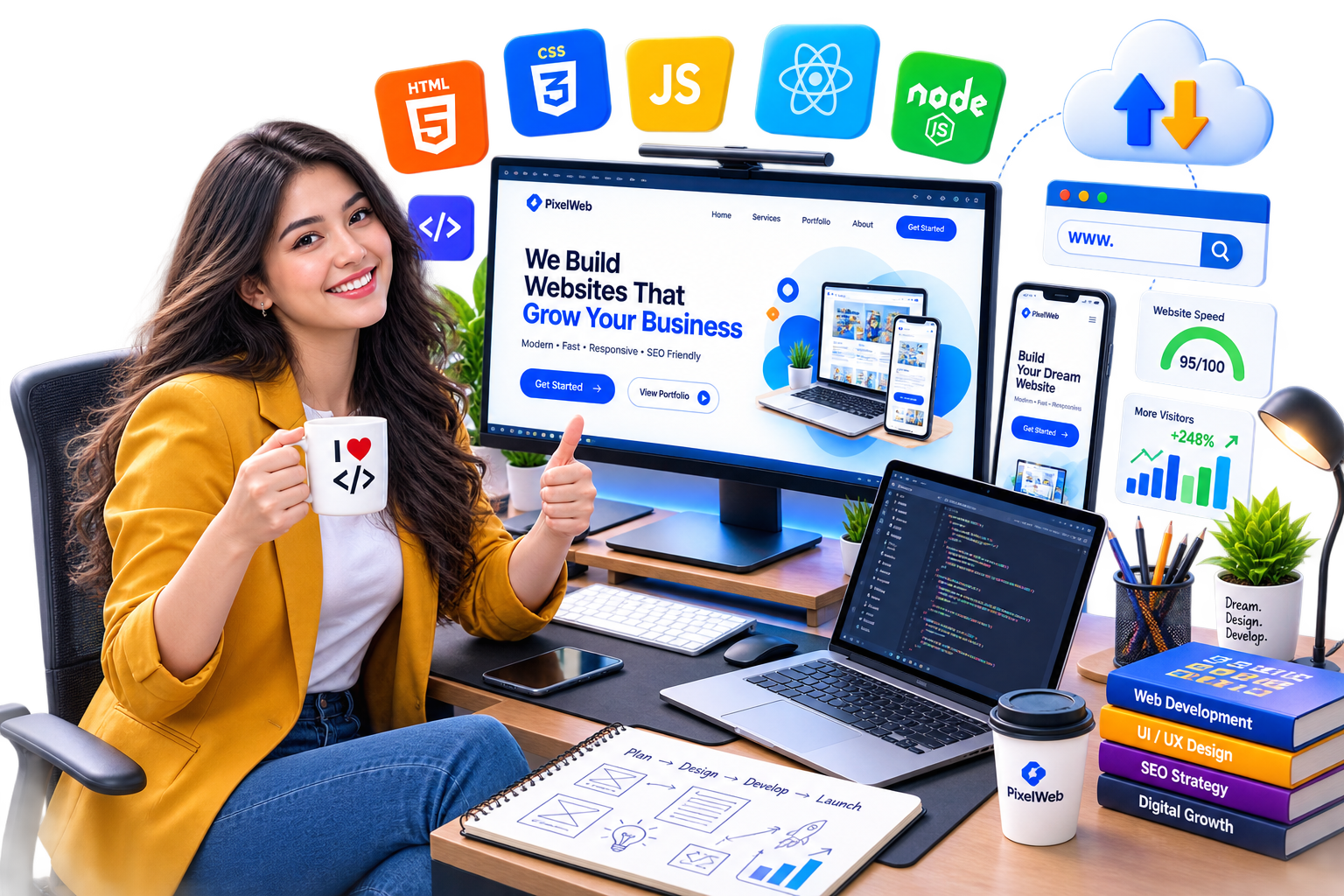 Web developer building a responsive website with HTML, CSS, JavaScript, React, and Node.js